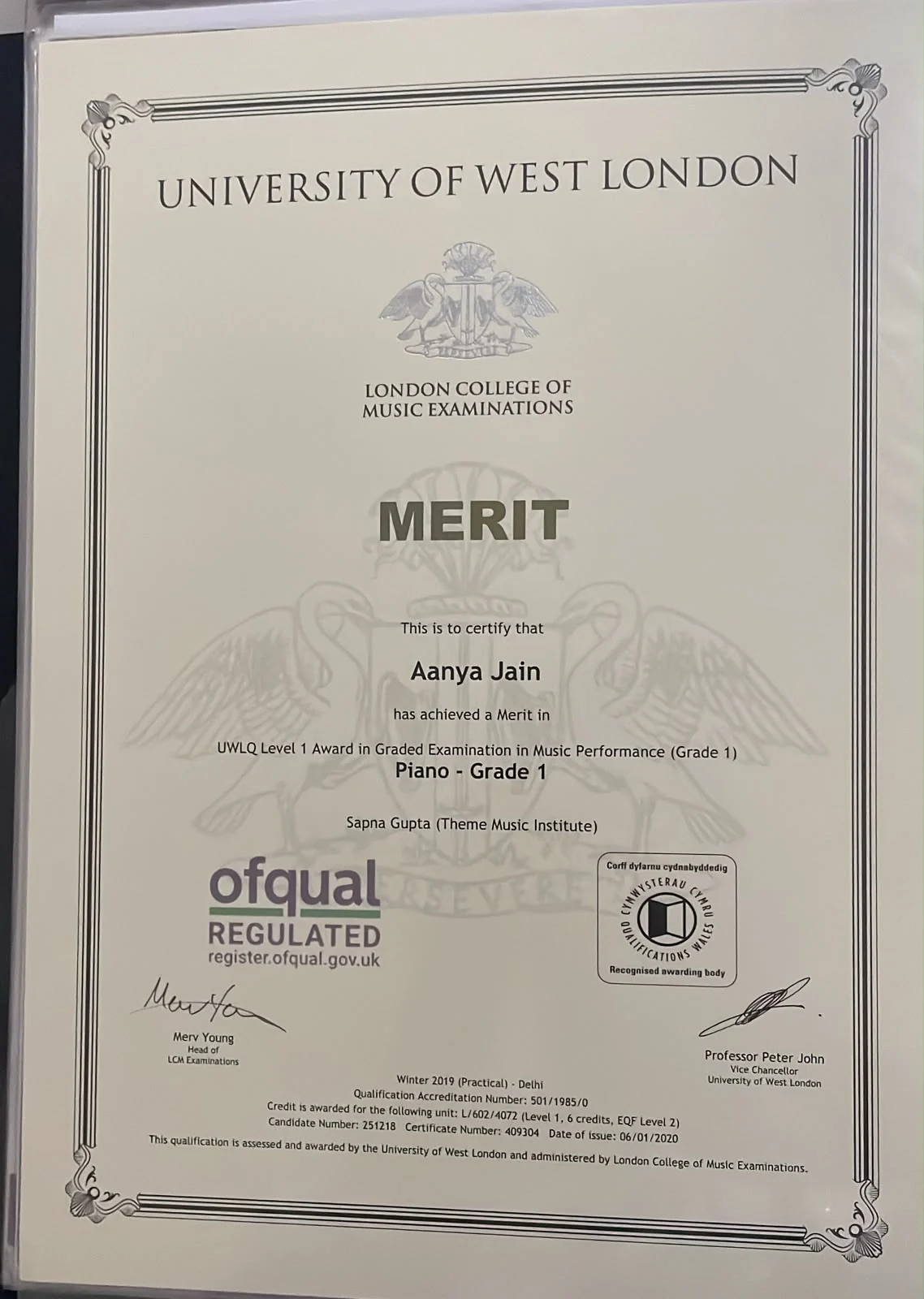 LCM Piano Grade 1 Merit certificate