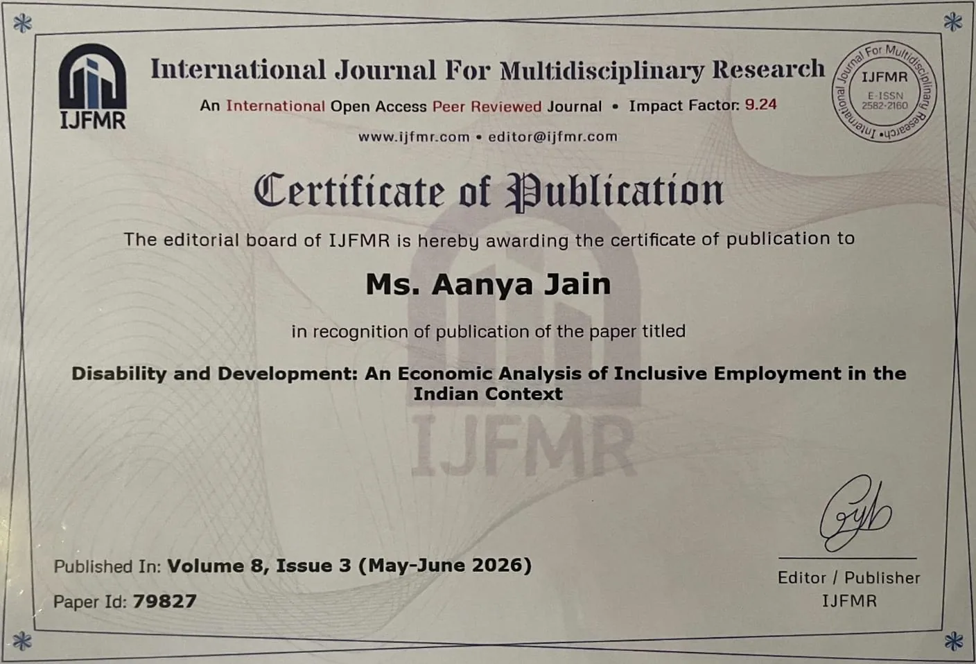 IJFMR publication certificate