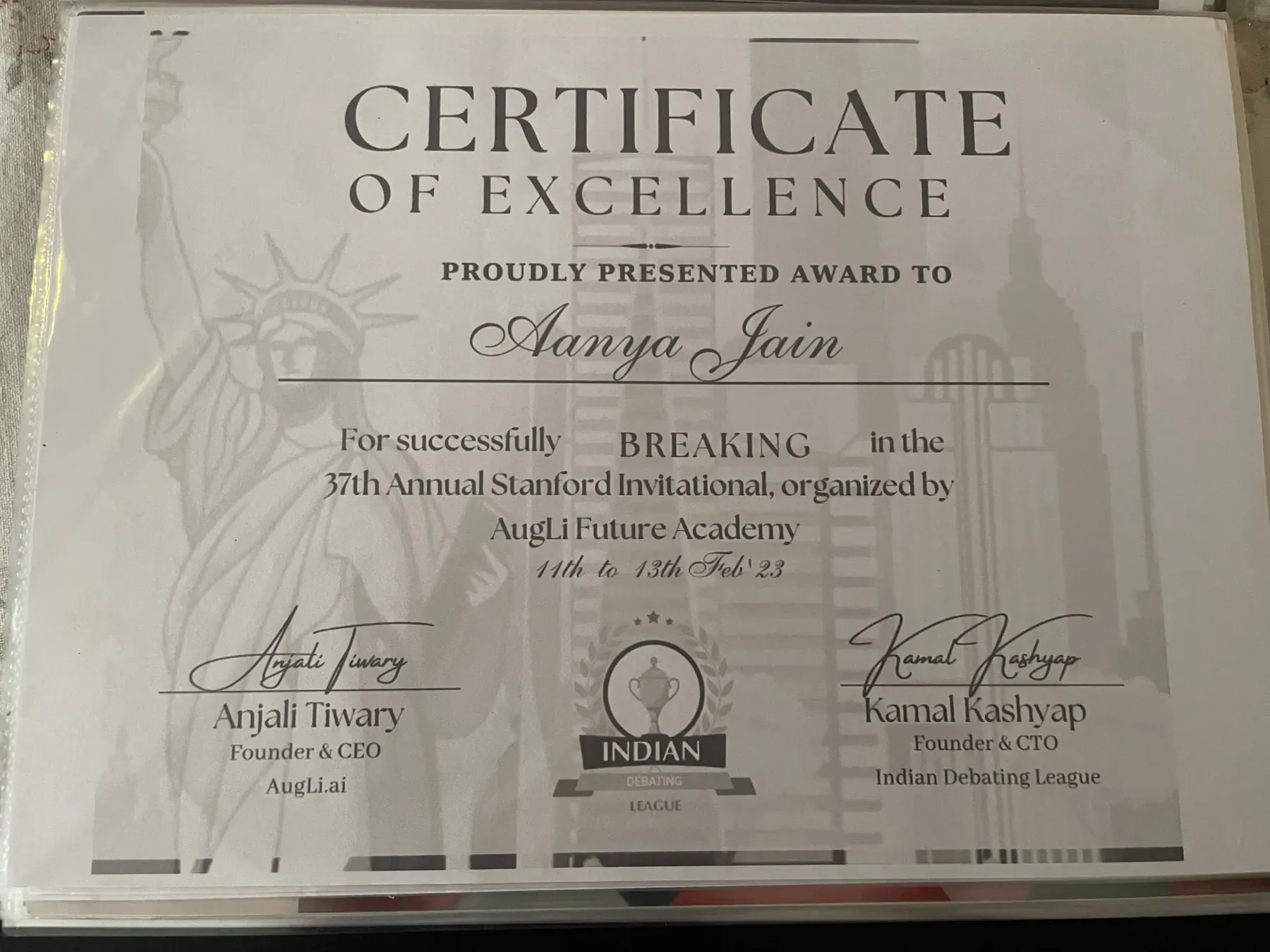 Stanford Invitational debate certificate